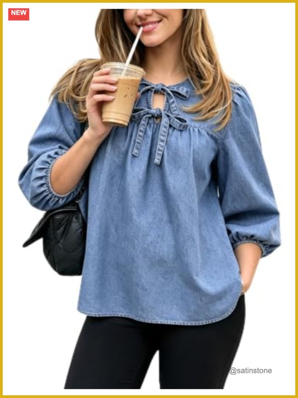 Women's 3/4 Sleeve Denim Blouse Puff Sleeve Babydoll Tie Front Top